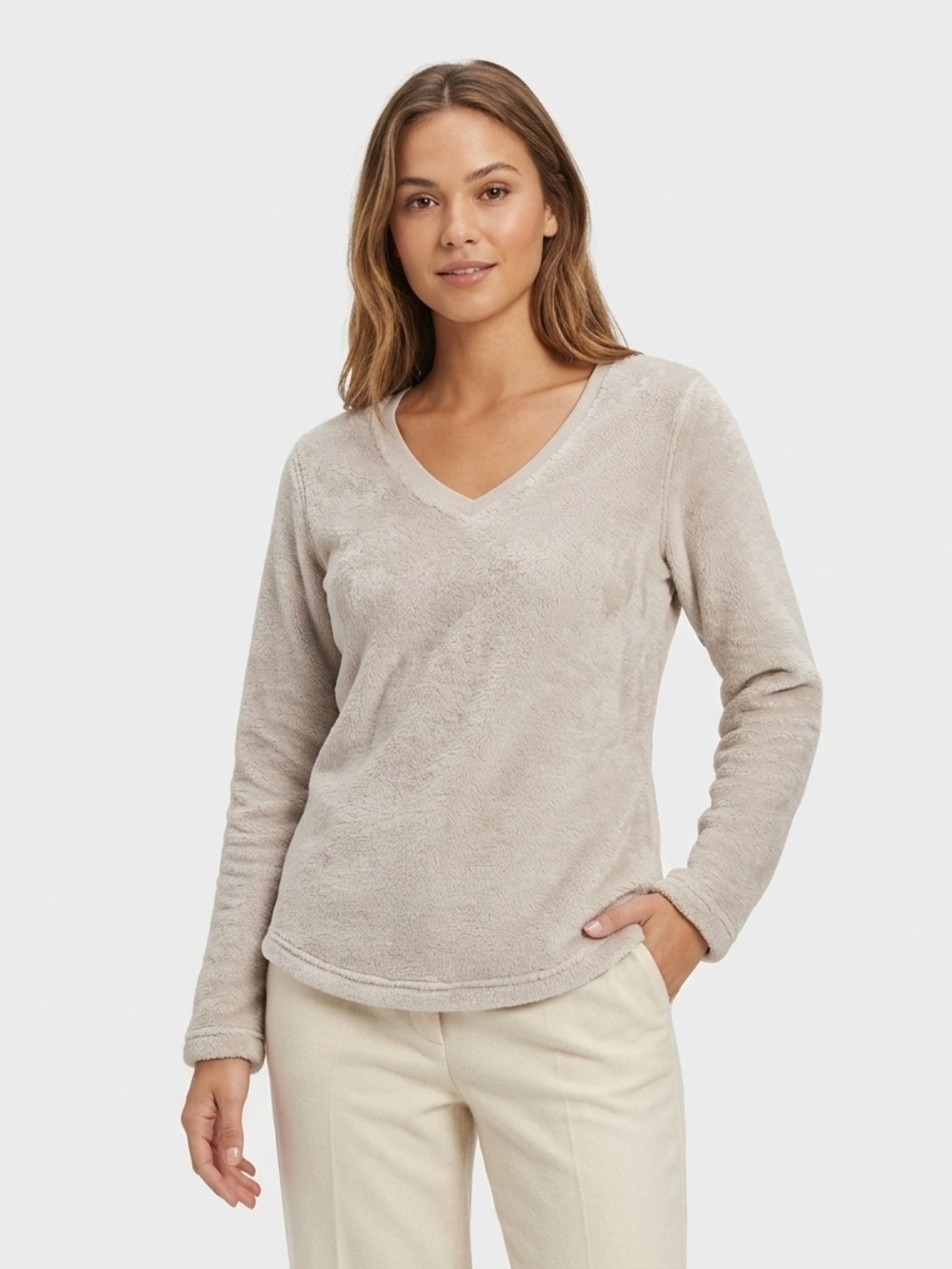 UGG Women’s Cozy Plush Fleece V Neck Top Beige Small